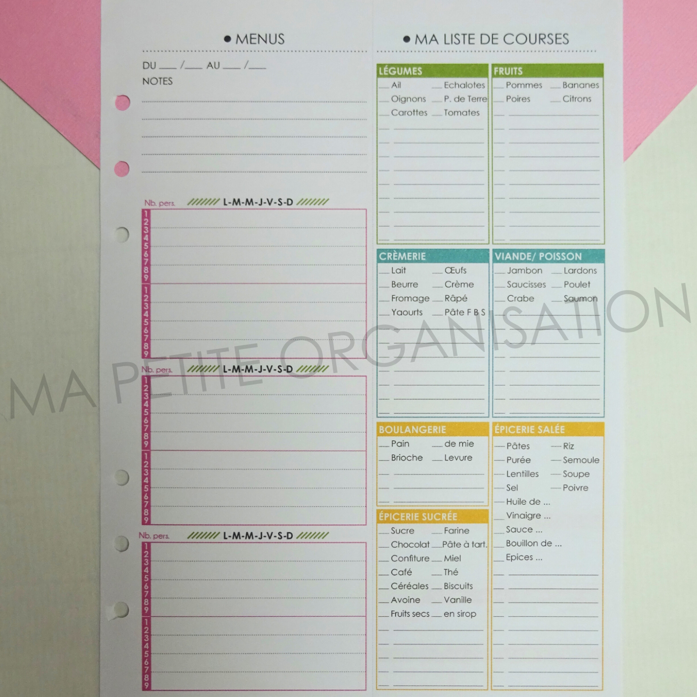 Gestion des repas - recharge pour agenda A5